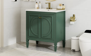 English Elm Christopher Knight Home® - 30" Bathroom Vanity with Sink Vintage Freestanding Ceramic Top Soft-Close Doors Gold Knobs, Storage Green N759P226000F