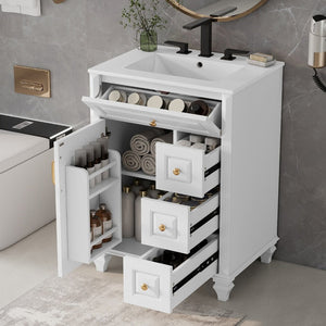 English Elm 24 Inch Freestanding Bathroom Vanity Solid Rubberwood Ceramic Sink Matte Finish Storage White N725P375626K