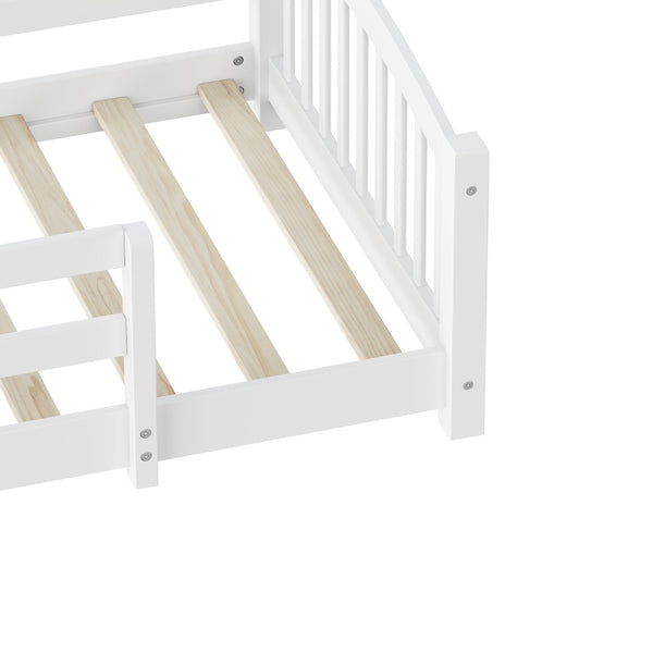 English Elm Twin Montessori Floor Bed Solid Pine Frame with Safety Guardrails for Kids Bedroom White N733P400298K