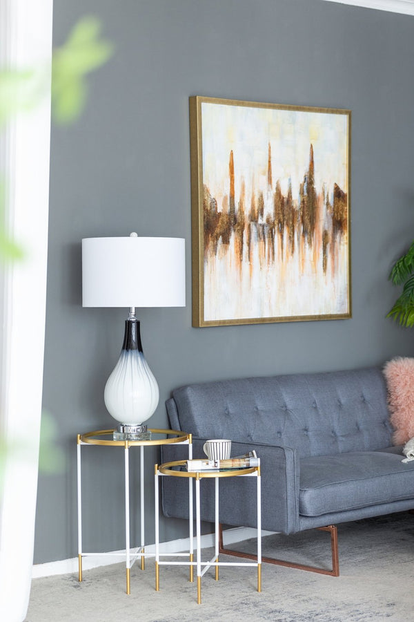 English Elm Set Hannes Nesting Side Tables with Glass Tops Elegant Deco-Modern Metal Frame for Living Rooms Gold+White W2078P394084