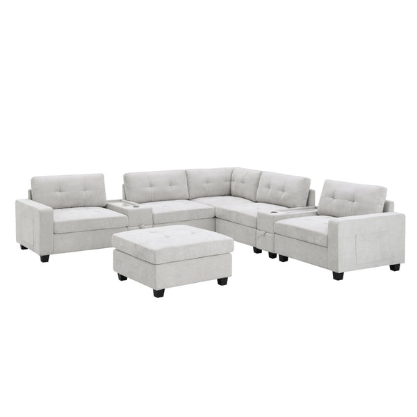 English Elm [new U-shaped Chenille Sectional Six Seat Tufted Couch with Usb Charging Storage Light Gray N723S1191K
