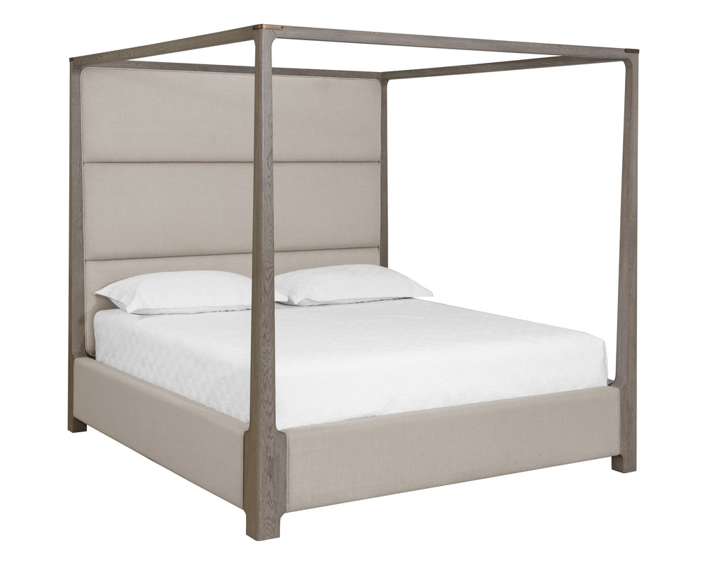 Sunpan Danette Canopy Bed - Minimalist Solid Oak Frame with Warm Brass Accents & Luxe Zenith Taupe Upholstery