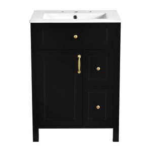 English Elm 24-Inch Bathroom Vanity with Ceramic Sink, Soft-Close Door & Drawers, Gold Handles, Durable Wood Elegance Black N729P192078B