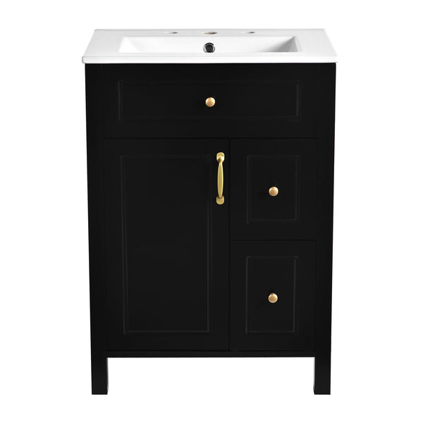 English Elm 24-Inch Bathroom Vanity with Ceramic Sink, Soft-Close Door & Drawers, Gold Handles, Durable Wood Elegance Black N729P192078B