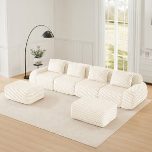English Elm 146" U-shaped Modular Sectional Flannelette Sofa with Ottoman for Spacious Living Rooms Cream W714S01523