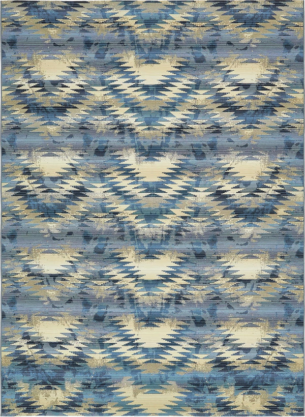 Unique Loom Outdoor Modern Aztec Machine Made Geometric Rug Blue, Ivory/Navy Blue/Black 8' 0" x 11' 4"