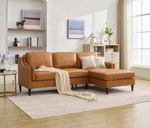 English Elm 94.5-Inch L-Shaped Genuine Leather Sectional Sofa With Right Chaise Lounge - Modern Tan Comfort W791S00021