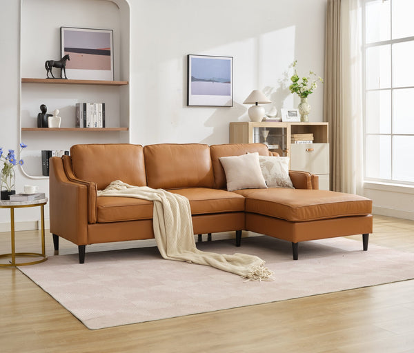 English Elm 94.5-Inch L-Shaped Genuine Leather Sectional Sofa With Right Chaise Lounge - Modern Tan Comfort W791S00021