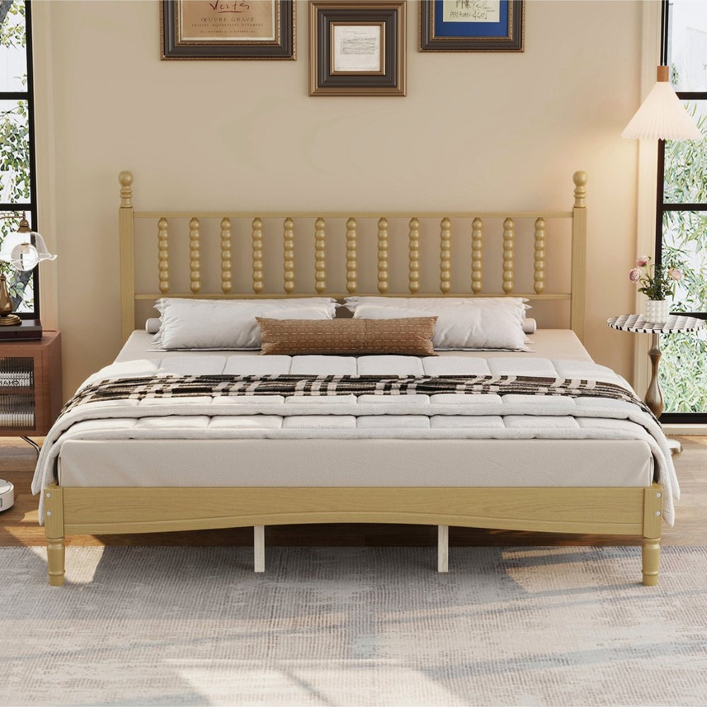 English Elm King Rubberwood Platform Bed Sculptural Gourd Headboard Retro Natural Finish Bedroom N733P338316M