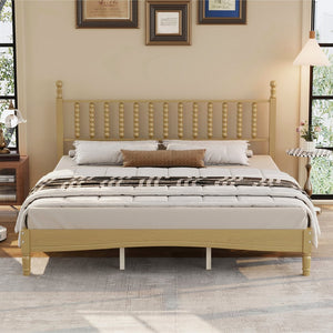 English Elm King Rubberwood Platform Bed Sculptural Gourd Headboard Retro Natural Finish Bedroom N733P338316M