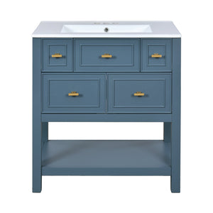 English Elm 30'' Bathroom Vanity with Ceramic Sink, Solid Wood Frame Freestanding Cabinet with 5 Drawers, Gold Knobs and Smooth Slide Rails Blue N710P247488C