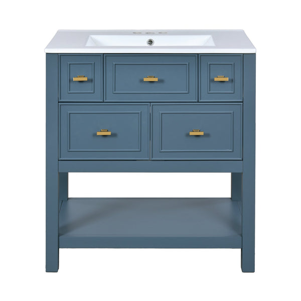 English Elm 30'' Bathroom Vanity with Ceramic Sink, Solid Wood Frame Freestanding Cabinet with 5 Drawers, Gold Knobs and Smooth Slide Rails Blue N710P247488C