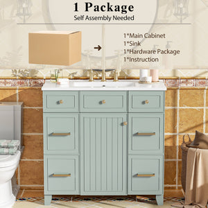 English Elm 36" 36-inch Transitional Bathroom Vanity with Ceramic Basin, Solid Wood Frame, Soft-Close Storage Elegance Green N729P255663G