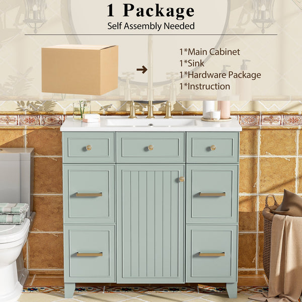 English Elm 36" 36-inch Transitional Bathroom Vanity with Ceramic Basin, Solid Wood Frame, Soft-Close Storage Elegance Green N729P255663G
