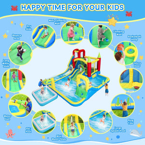 English Elm 11 in 1 Inflatable Backyard Water Park Bounce Castle with Slide Trampoline Climbing Wall W1677P459454