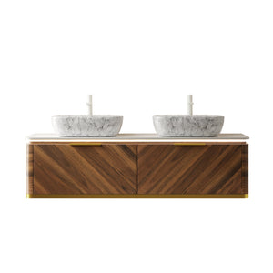 English Elm Dipa 60" Floating Bathroom Vanity With Marble Sintered Stone Top, Dual Ceramic Basins & Led Light W2615S00299