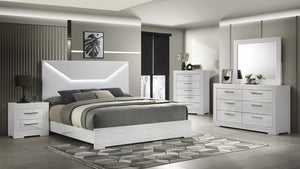 English Elm Blanca King 5-Piece Bedroom Set with LED Headboard, White Lacquer Finish, Quilted Accents & Storage B009S01392