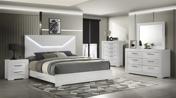 English Elm Blanca King 5-Piece Bedroom Set with LED Headboard, White Lacquer Finish, Quilted Accents & Storage B009S01392