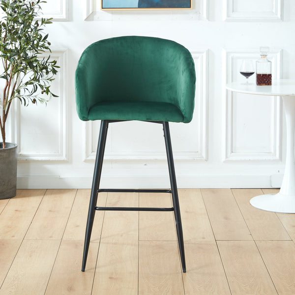 English Elm Counter Height Bar Stool Velvet Upholstered Set of 2 with Ergonomic Curved Back & Black Metal Legs Green B205P241942