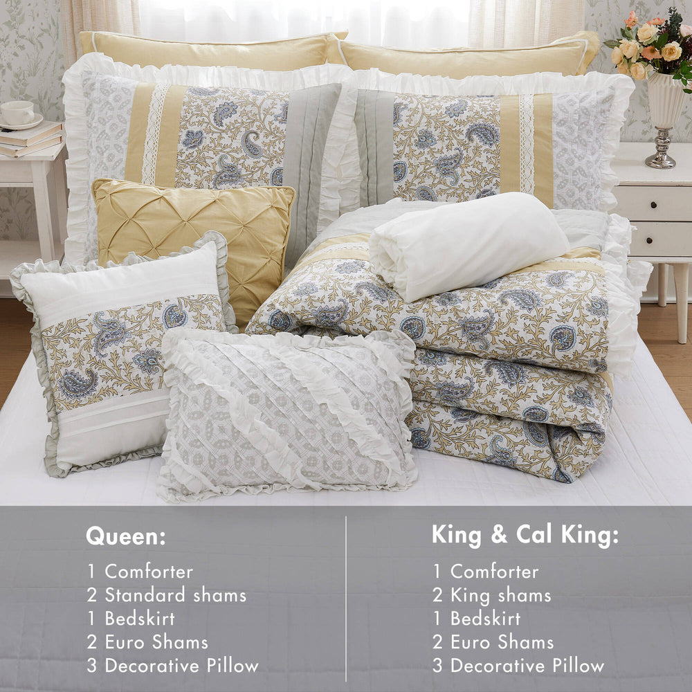 English Elm 9 Piece Cotton Percale Comforter Set - Chic Yellow Queen Ensemble With Vintage Paisley & Pillows B03597196