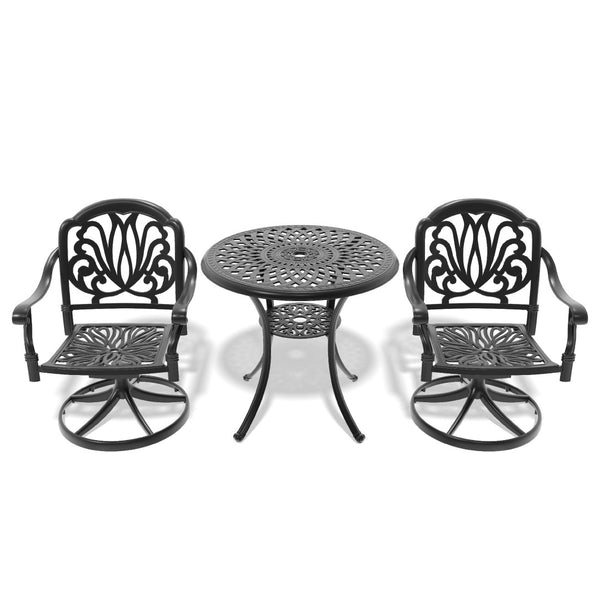 English Elm 3-Piece All-Weather Cast Aluminum Dining Set With Swivel Chairs & Round Table For Cozy Outdoor Spaces P1 W1710S00258-GIGA