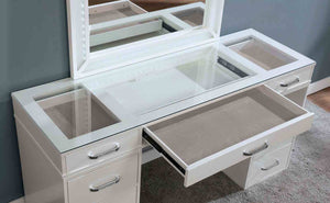 English Elm Contemporary Glam Vanity with Rhinestone Trim and Tempered Glass Top, High Gloss Finish, Illuminated Appeal White 65 L x 25 W x 11 H B2741S00676