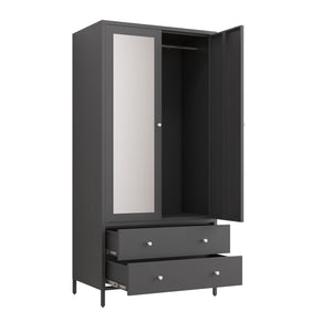 English Elm Metal Armoire Retro Steel Wardrobe with Mirror Door, 2 Drawers, Hanging Rod & Magnetic Closure, Dark Gray W2378P176281