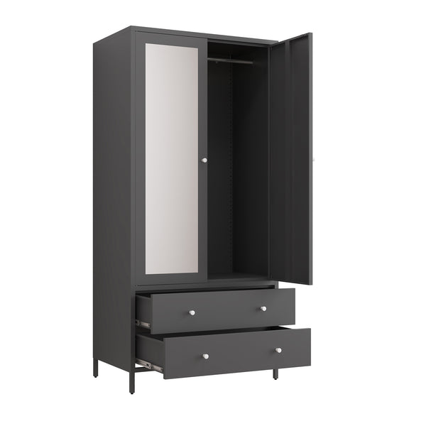 English Elm Metal Armoire Retro Steel Wardrobe with Mirror Door, 2 Drawers, Hanging Rod & Magnetic Closure, Dark Gray W2378P176281