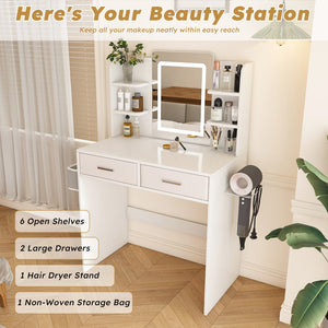 English Elm LED Mirror Vanity Dressing Table with 3-Color Lights, 2 Drawers, Hair Dryer Stand & Spacious Desk W2700P297921