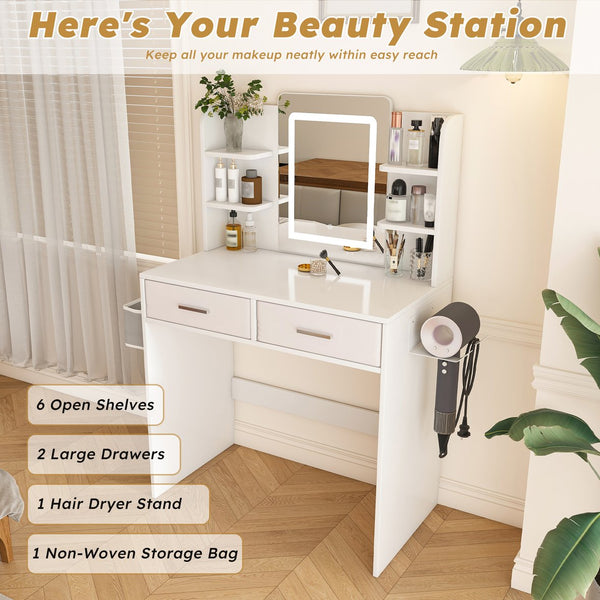 English Elm LED Mirror Vanity Dressing Table with 3-Color Lights, 2 Drawers, Hair Dryer Stand & Spacious Desk W2700P297921