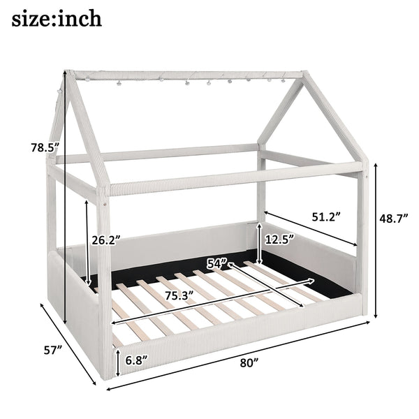 English Elm Full Size Upholstered House Daybed With Led Lighting, Cozy Beige Corduroy For Kids & Guests N7500001335A