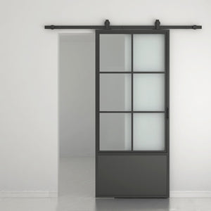 English Elm 30 in Matte Black Steel Sliding Barn Door Frosted Glass Privacy Panel with Hardware B2763P483191