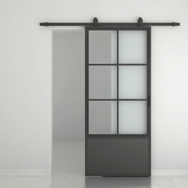 English Elm 30 in Matte Black Steel Sliding Barn Door Frosted Glass Privacy Panel with Hardware B2763P483191