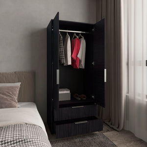 English Elm Wenden Tall Black Armoire with Double Doors, Two Drawers, Hanging Rod & Interior Shelves for Small Spaces B200S00433