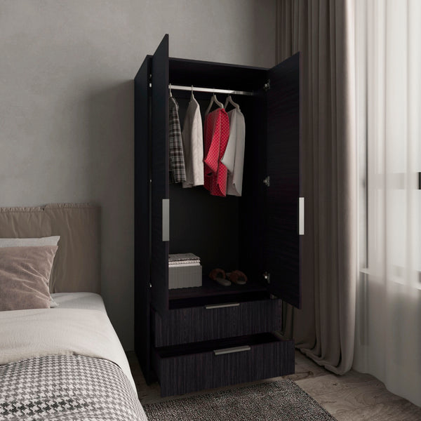 English Elm Wenden Tall Black Armoire with Double Doors, Two Drawers, Hanging Rod & Interior Shelves for Small Spaces B200S00433