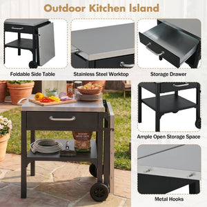 English Elm Outdoor Bbq Prep Cart Rolling Stainless Steel Grill Station with Foldable Work Surface Black N719P407403B