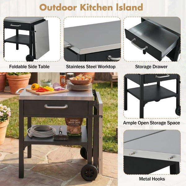 English Elm Outdoor Bbq Prep Cart Rolling Stainless Steel Grill Station with Foldable Work Surface Black N719P407403B