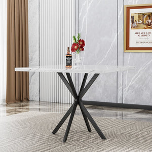 English Elm Square MDF Dining Set for 4 with Faux Marble Top, Mid-Century Modern Iron Legs, Easy-Clean Surface White+Black W578S00024