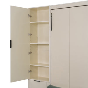 English Elm Queen Murphy Wall Bed Hydraulic Lift Velvet Sofa Built-in Shelves Led Studio Unit Cream LP000392AAA