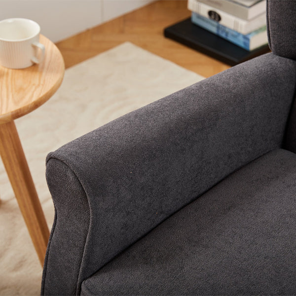 English Elm Coffee Table & Armchair Set with Vintage Roman Column Legs, Breathable Fabric, Solid Rubberwood Craftsmanship Antique Dark Grey W2989P339879