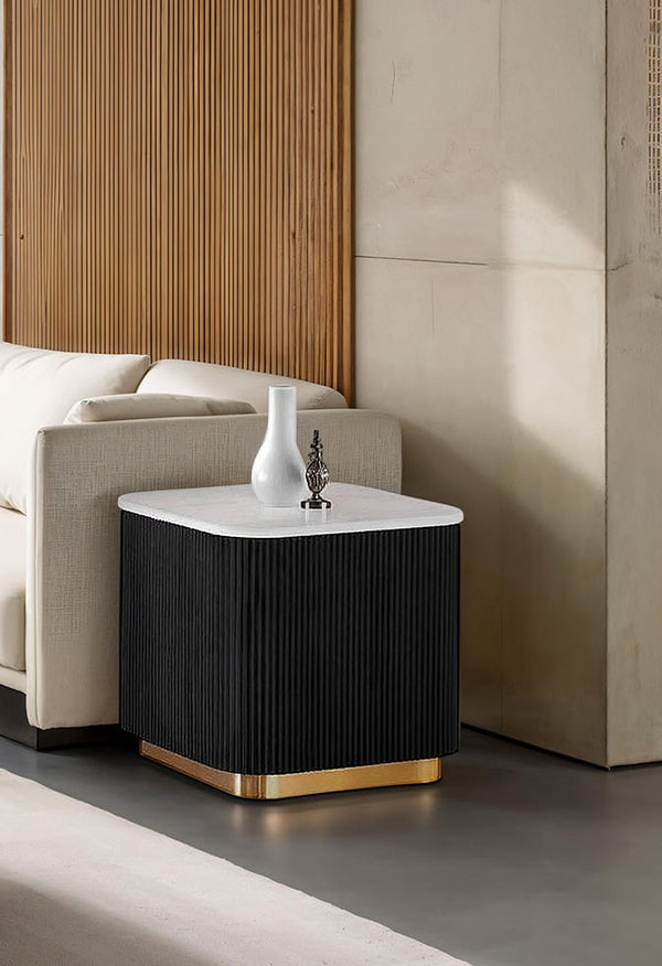 English Elm Contemporary Square End Table With Marble Top, Gold Accents & Black Plinth Base For Modern Spaces B2741P395389