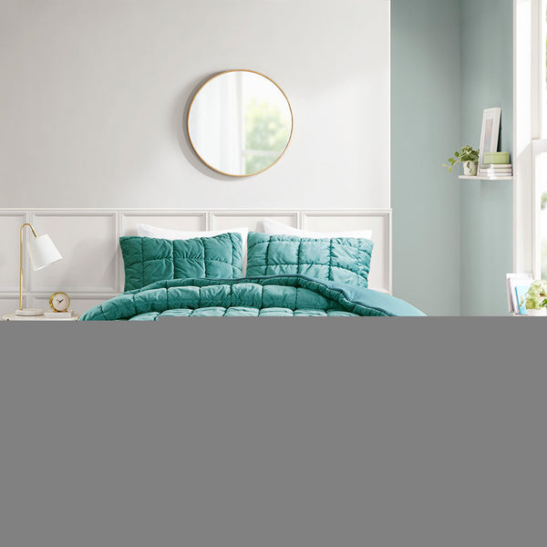 JLA Home Intelligent Design - 3 Piece Comforter Set Plush Velvet Midweight Down-Alternative, Box Quilting, Hypoallergenic, Machine-Washable Elegance Teal ID10-2343