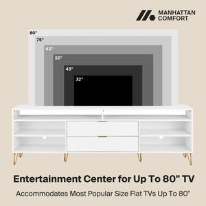 English Elm Dumbo 85" Fluted TV Stand with Gold Legs, 2 Drawers & 6 Shelves, Wire Management, Easy Snap Assembly White B365P397925