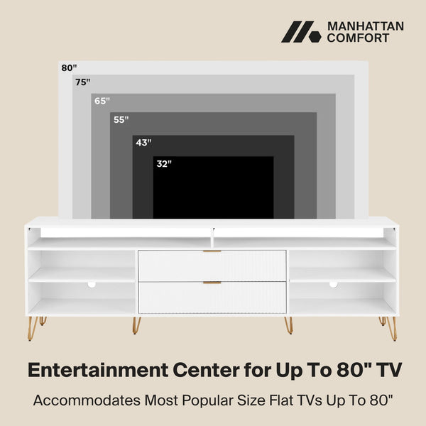 English Elm Dumbo 85" Fluted TV Stand with Gold Legs, 2 Drawers & 6 Shelves, Wire Management, Easy Snap Assembly White B365P397925