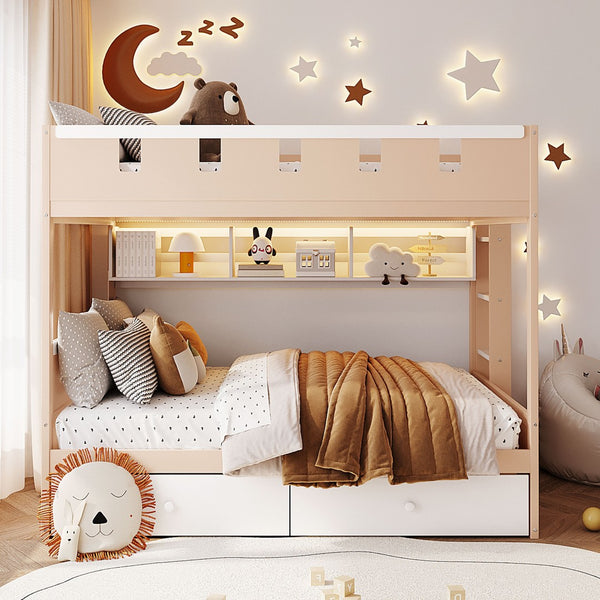 English Elm Full Size Castle Bunk Bed with Led Lighting Built in Shelf and Storage Drawers White LT000159AAK