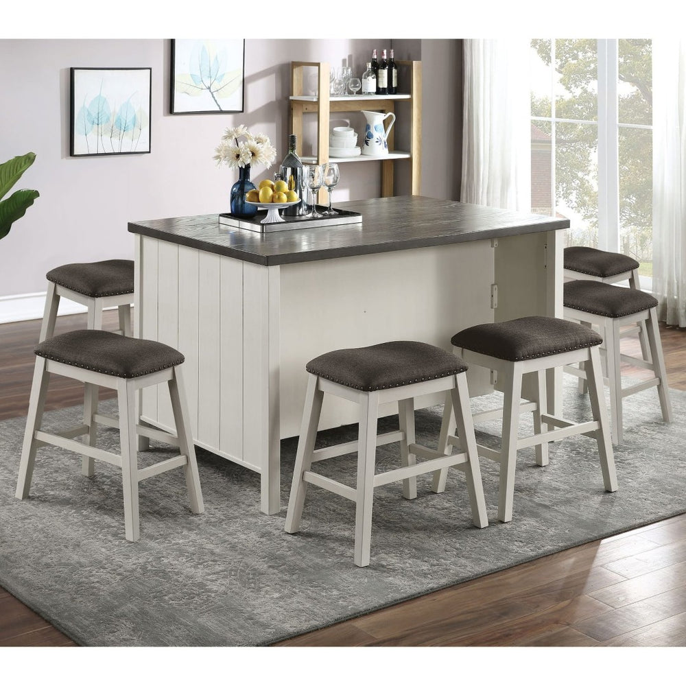 English Elm Transitional Counter Height Dining Set with Storage Base and Six Upholstered Stools B2741S00806