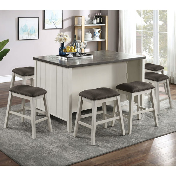 English Elm Transitional Counter Height Dining Set with Storage Base and Six Upholstered Stools B2741S00806