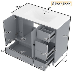 English Elm 36" Freestanding Bathroom Vanity Solid Wood Cabinet Ceramic Basin Four Drawers White W1580P382509