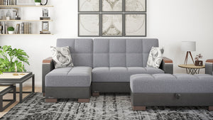 English Elm PrimeNest Upholstered ZenAero Convertible Ottoman with Wood Trim, Click-Clack Storage, Microfiber Comfort Grey+Black B030P280983