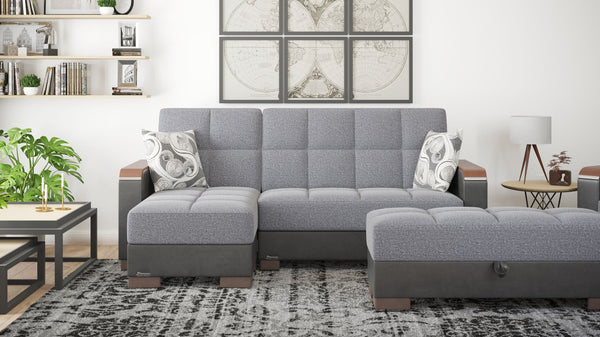 English Elm PrimeNest Upholstered ZenAero Convertible Ottoman with Wood Trim, Click-Clack Storage, Microfiber Comfort Grey+Black B030P280983